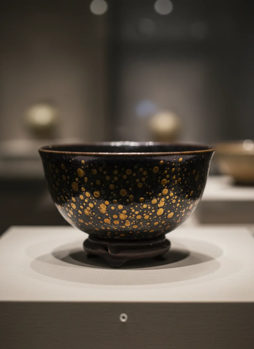 Golden oil spot Jian Zhan tea bowl with warm amber metallic droplets on black glaze