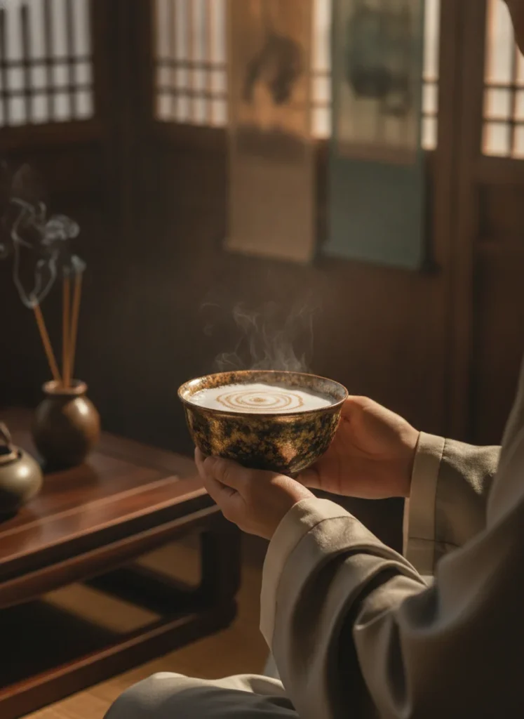 Song Dynasty tea ceremony with golden spotted Jian Zhan bowl and white tea froth