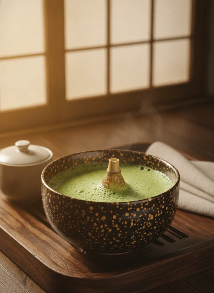 Jian Zhan golden oil spot bowl with whisked matcha showing warm golden glow