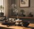 Gongfu cha tea session setup with gaiwan and tenmoku cup on wooden table