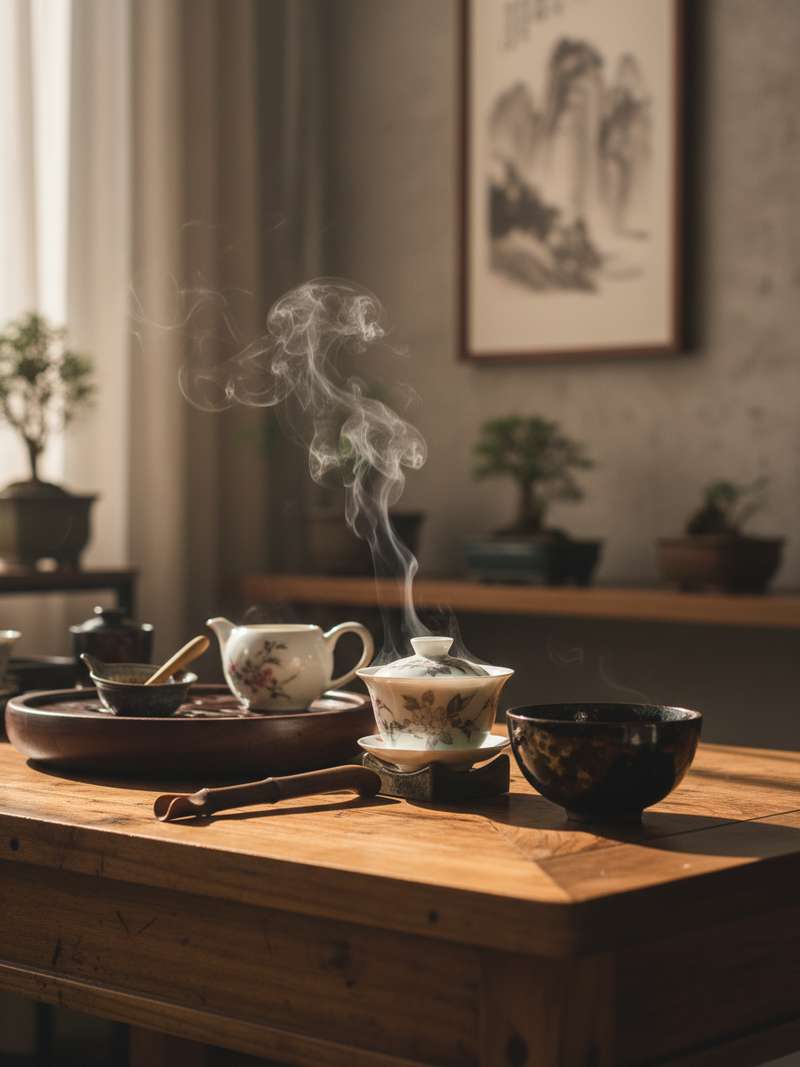 Gongfu cha tea session setup with gaiwan and tenmoku cup on wooden table Gongfu cha tea session setup with gaiwan and tenmoku cup on wooden table