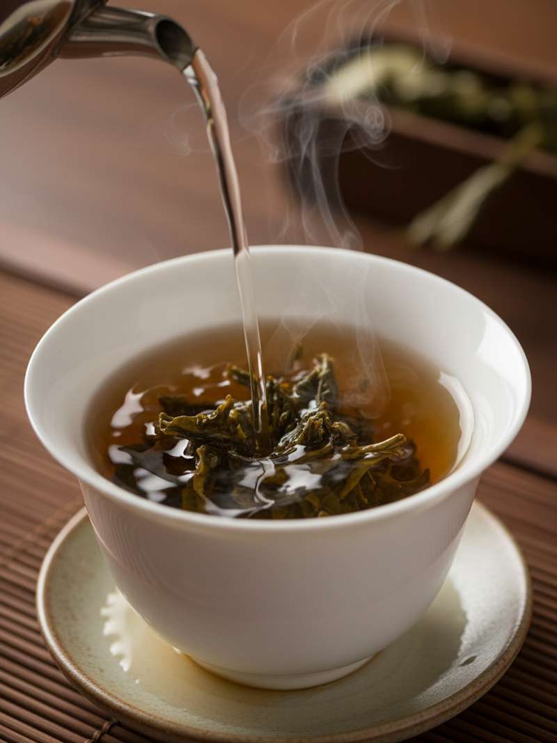 Tea leaves unfurling in a gaiwan during gongfu brewing process Tea leaves unfurling in a gaiwan during gongfu brewing process