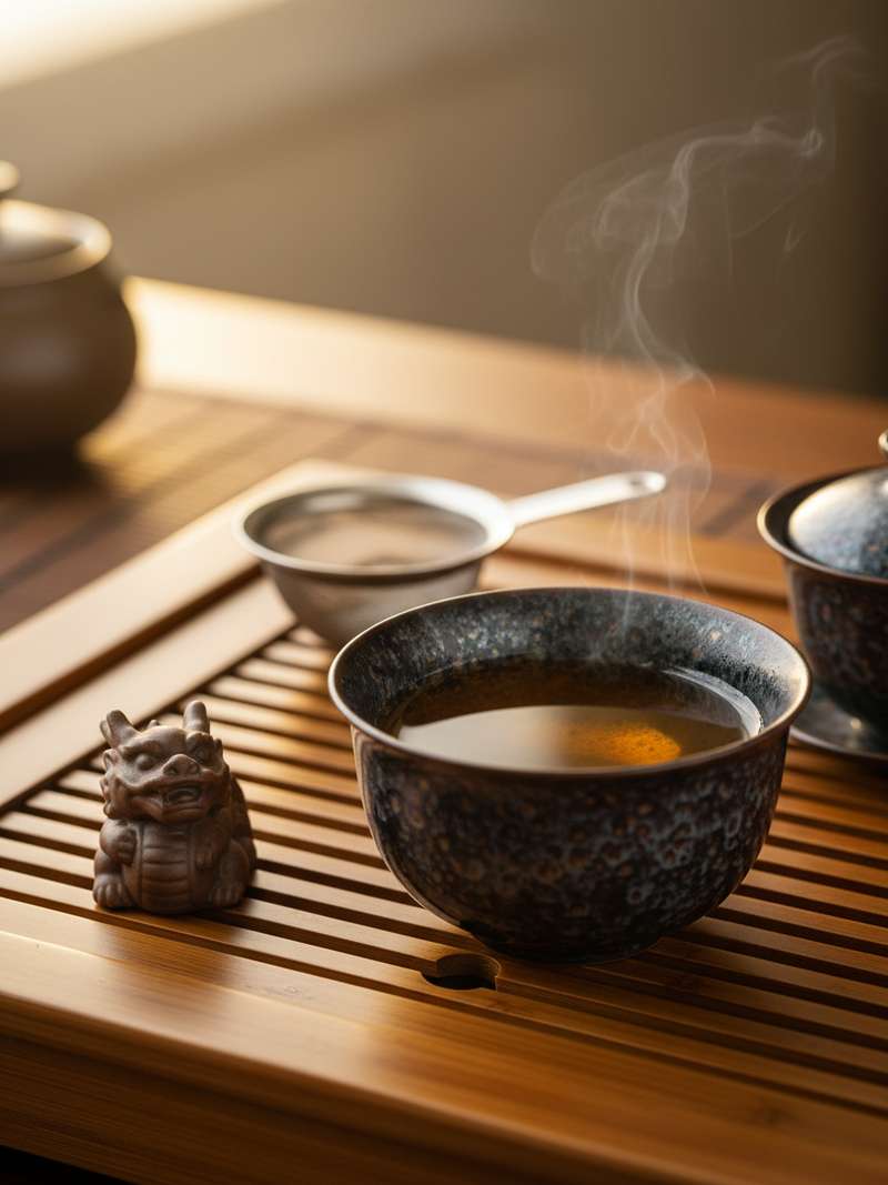 Tenmoku tea cup with golden oolong tea on bamboo tray Tenmoku tea cup with golden oolong tea on bamboo tray