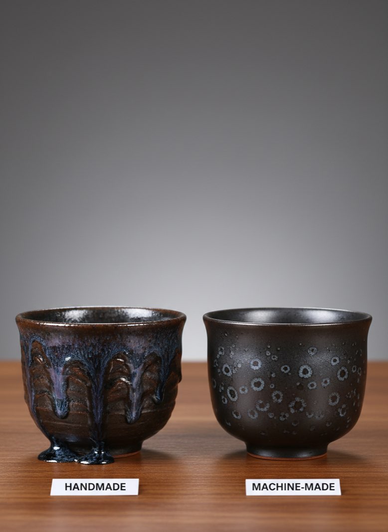 Handmade vs machine-made Jian Zhan comparison Handmade vs machine-made Jian Zhan tea cups side by side comparison