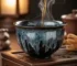 Authentic Jian Zhan tea cup featuring iron-rich black glaze with silver hare fur pattern, hot tea being poured with steam rising