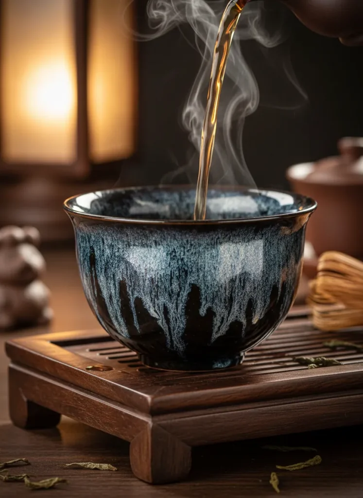 Health Benefits of Drinking Tea from Jian Zhan Cups 2 Authentic Jian Zhan tea cup featuring iron-rich black glaze with silver hare fur pattern, hot tea being poured with steam rising