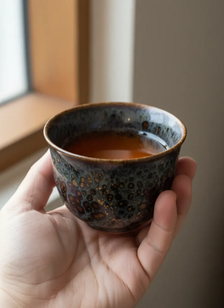 Health Benefits of Drinking Tea from Jian Zhan Cups 3 Handheld Jian Zhan Tenmoku tea cup displaying golden oil spot glaze pattern, filled with amber oolong tea in natural window light