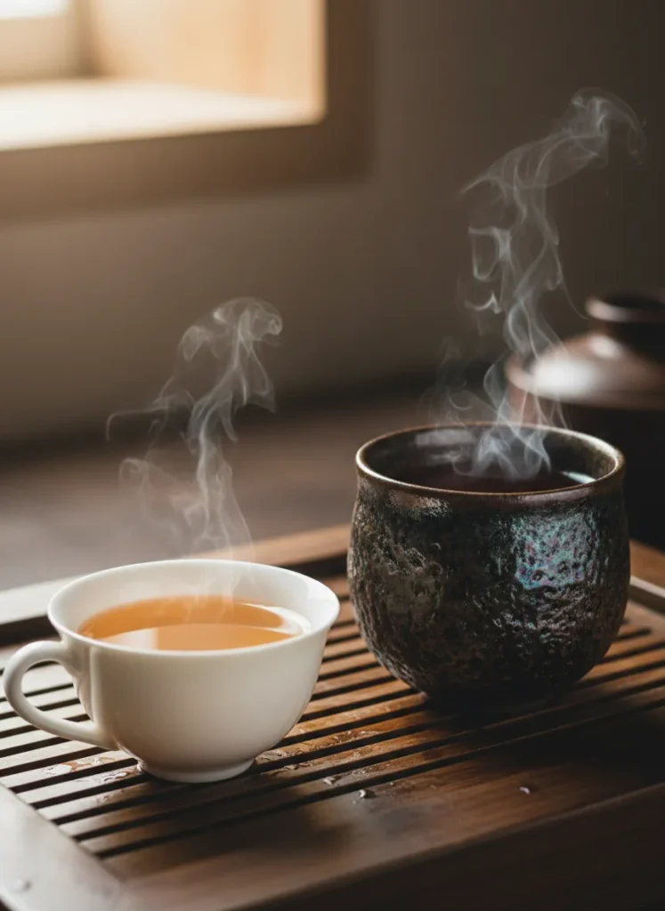 Health Benefits of Drinking Tea from Jian Zhan Cups 4 Side by side comparison of thin porcelain cup and thick Jian Zhan stoneware cup filled with tea on wooden tray, demonstrating heat retention difference
