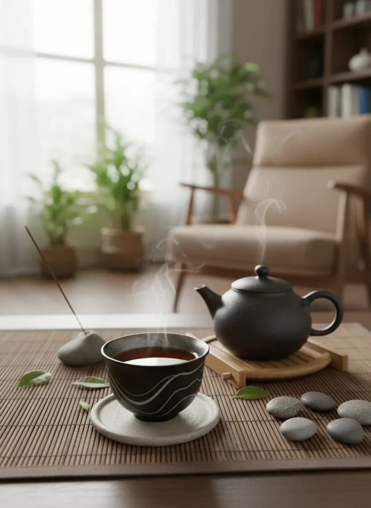 Health Benefits of Drinking Tea from Jian Zhan Cups 5 Peaceful tea ritual scene with Jian Zhan cup resting on bamboo mat in soft morning light, promoting mindful stress reduction