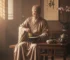 Song Dynasty scholar whisking powdered tea in a black-glazed Jian Zhan tea bowl during a traditional tea competition, showing the white froth against the dark glaze