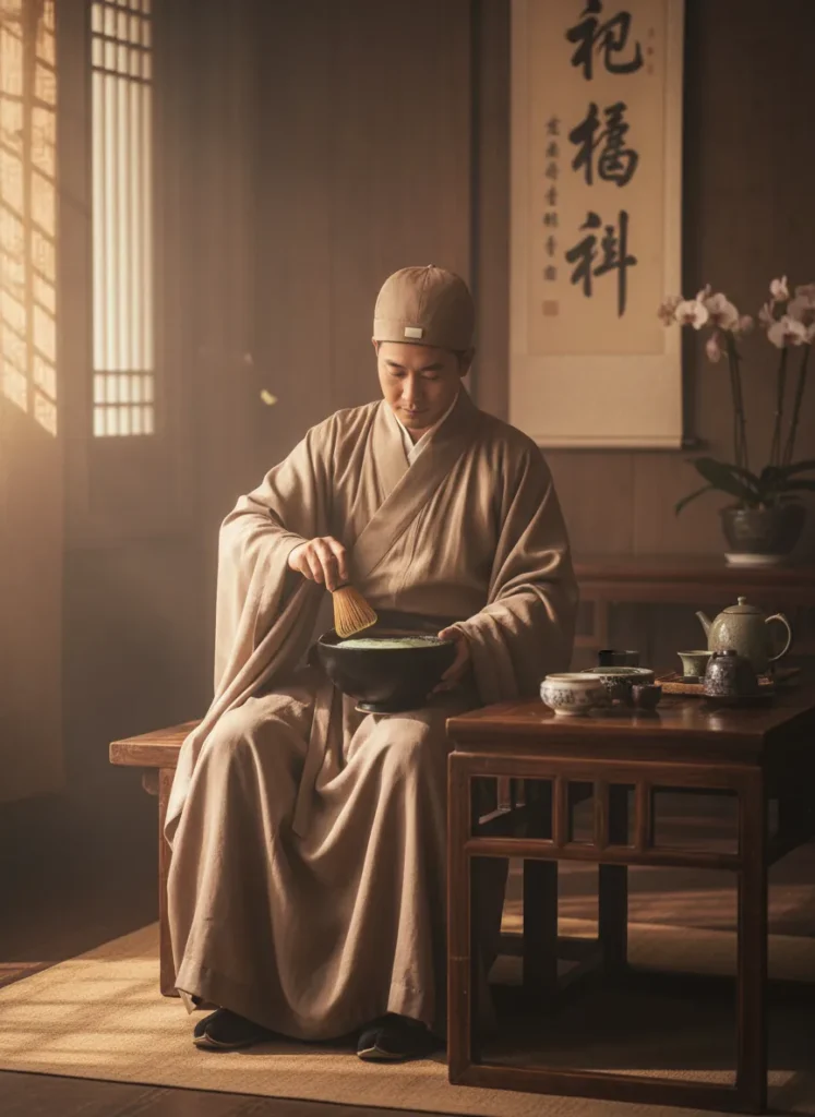 Song Dynasty scholar whisking powdered tea in a black-glazed Jian Zhan tea bowl during a traditional tea competition, showing the white froth against the dark glaze
