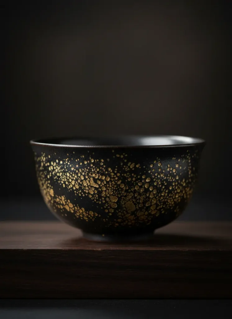 Close-up of oil spot glaze pattern on an authentic Jian Zhan tea bowl showing golden metallic droplets crystallized on deep black ceramic surface