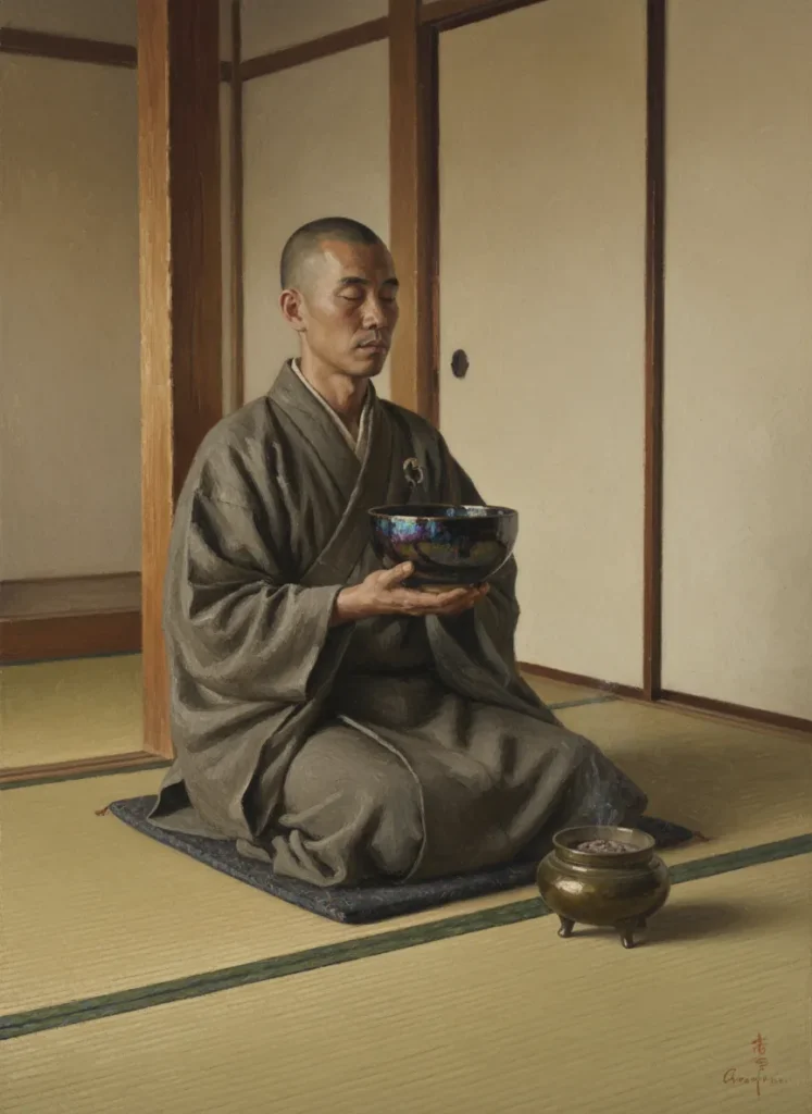Japanese Zen Buddhist monk holding a dark Tenmoku tea bowl during meditation, Kamakura period tea culture tradition originating from Song Dynasty Jian Zhan
