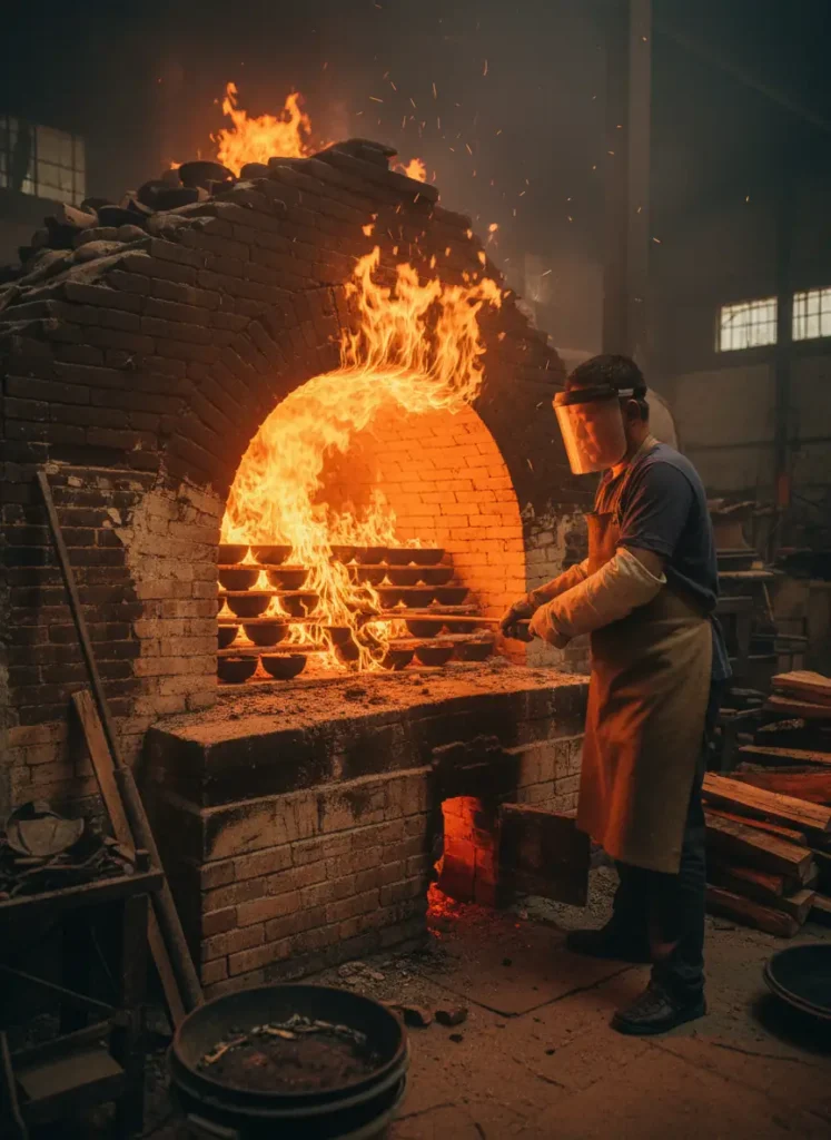 Kiln master firing Jian Zhan tea bowls in a traditional dragon kiln in Jianyang Fujian, showing glowing flames and rows of black tea bowls during the revival of Song Dynasty ceramic techniques