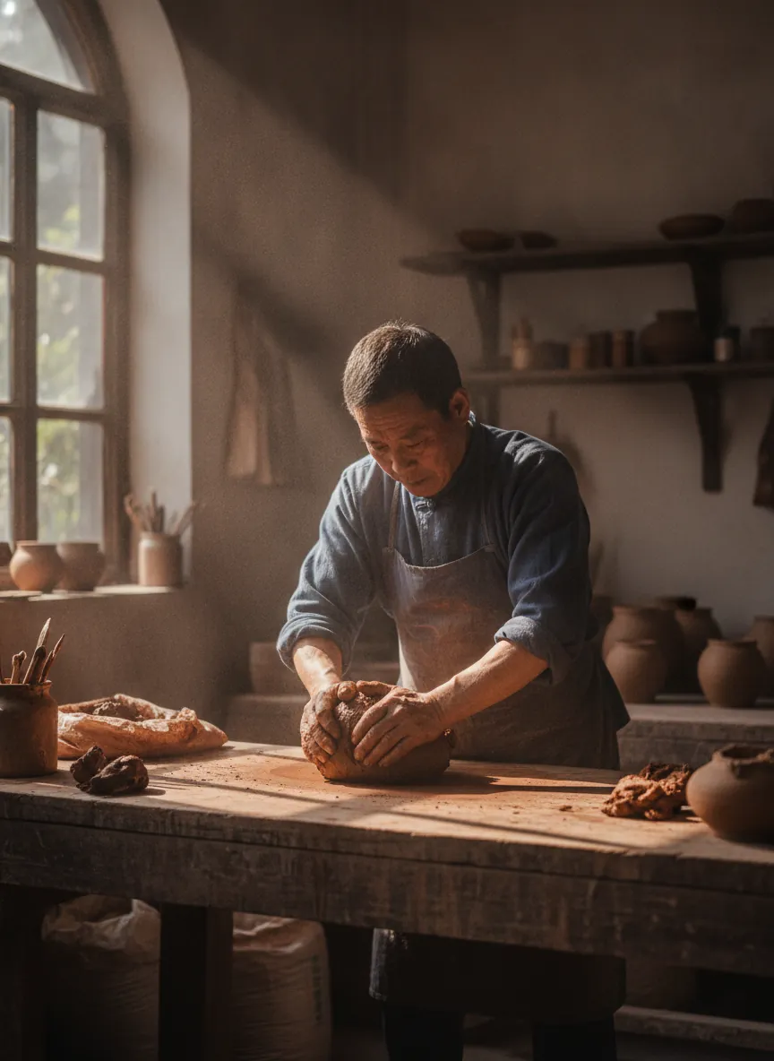 Chinese artisan hand-kneading iron-rich clay for Jian Zhan tea cup in traditional Fujian pottery workshop