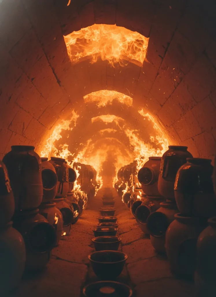 How Jian Zhan Tea Cups Are Made: The 13-Step Process 4 Inside a traditional Chinese dragon kiln firing Jian Zhan tea cups at 1300 degrees with intense orange-red fire