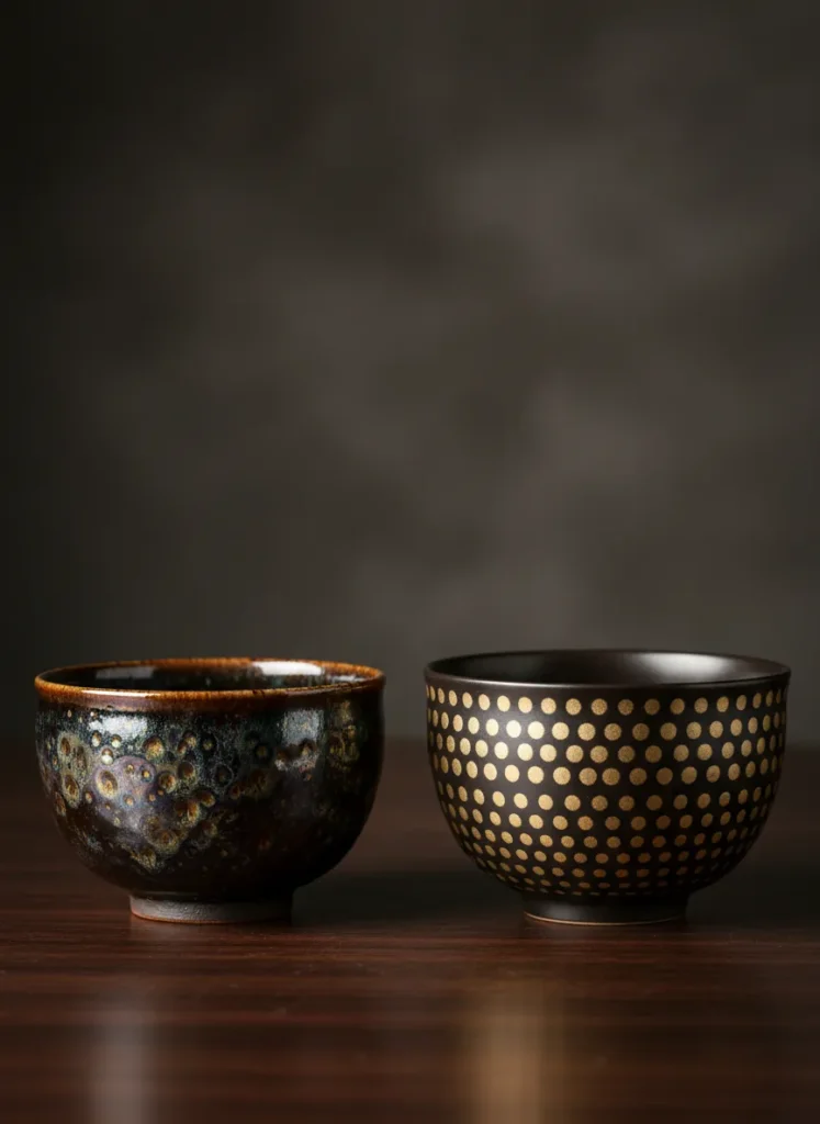 How Jian Zhan Tea Cups Are Made: The 13-Step Process 5 Side by side comparison of authentic handmade Jian Zhan with crystalline oil spot glaze versus flat factory copy