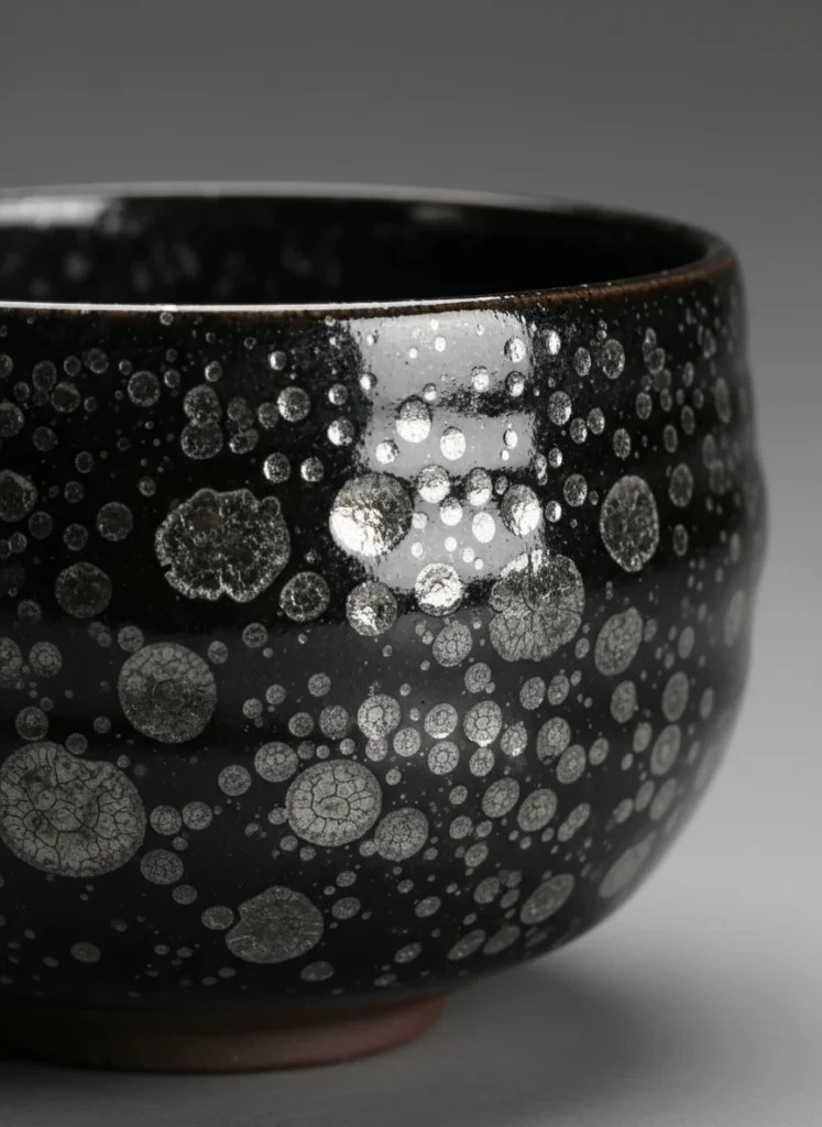 Close-up of silver oil spot crystalline pattern on a Tenmoku tea bowl showing metallic spots on dark glaze surface