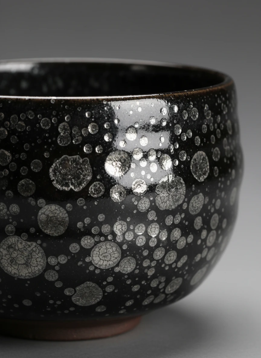 Close-up of silver oil spot crystalline pattern on a Tenmoku tea bowl showing metallic spots on dark glaze surface
