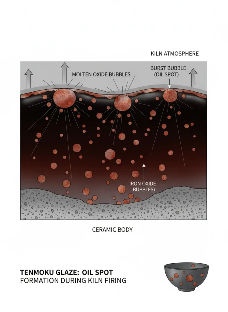 Scientific illustration showing iron oxide bubbles rising through molten Tenmoku glaze during kiln firing to form oil spot crystals
