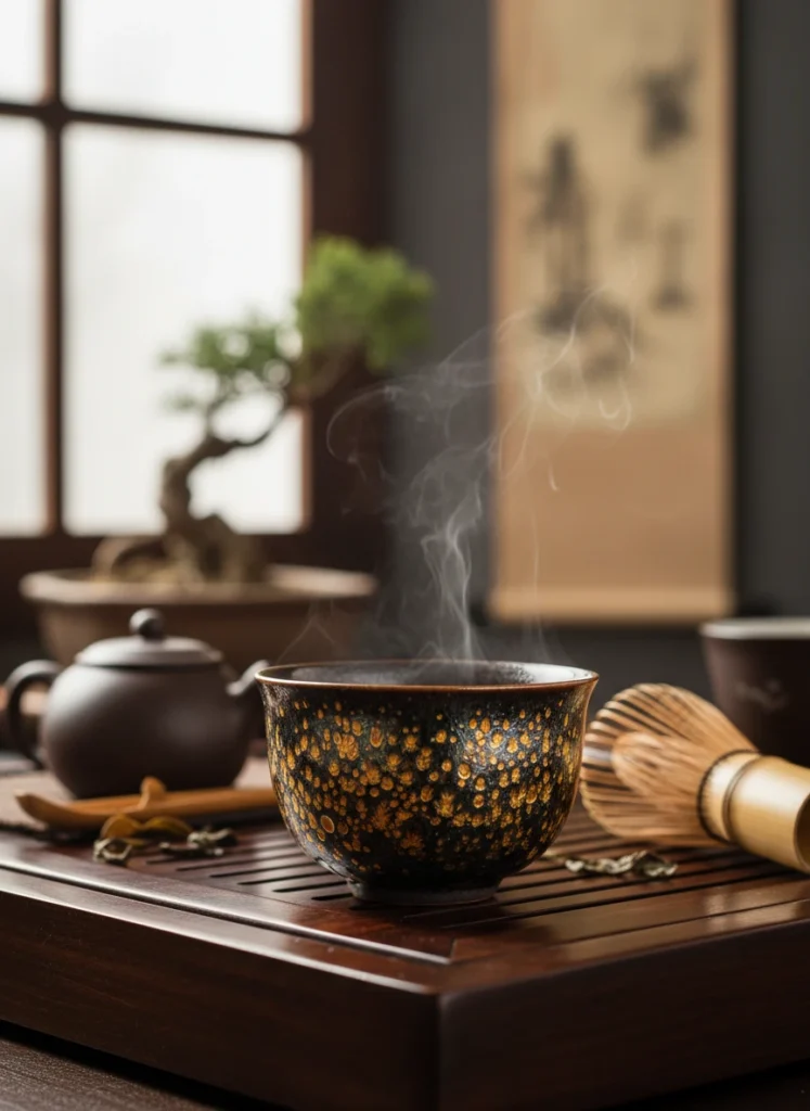 Handmade Jian Zhan tea cup with golden Yuteki oil spot pattern on dark brown-black glaze in traditional tea ceremony setting
