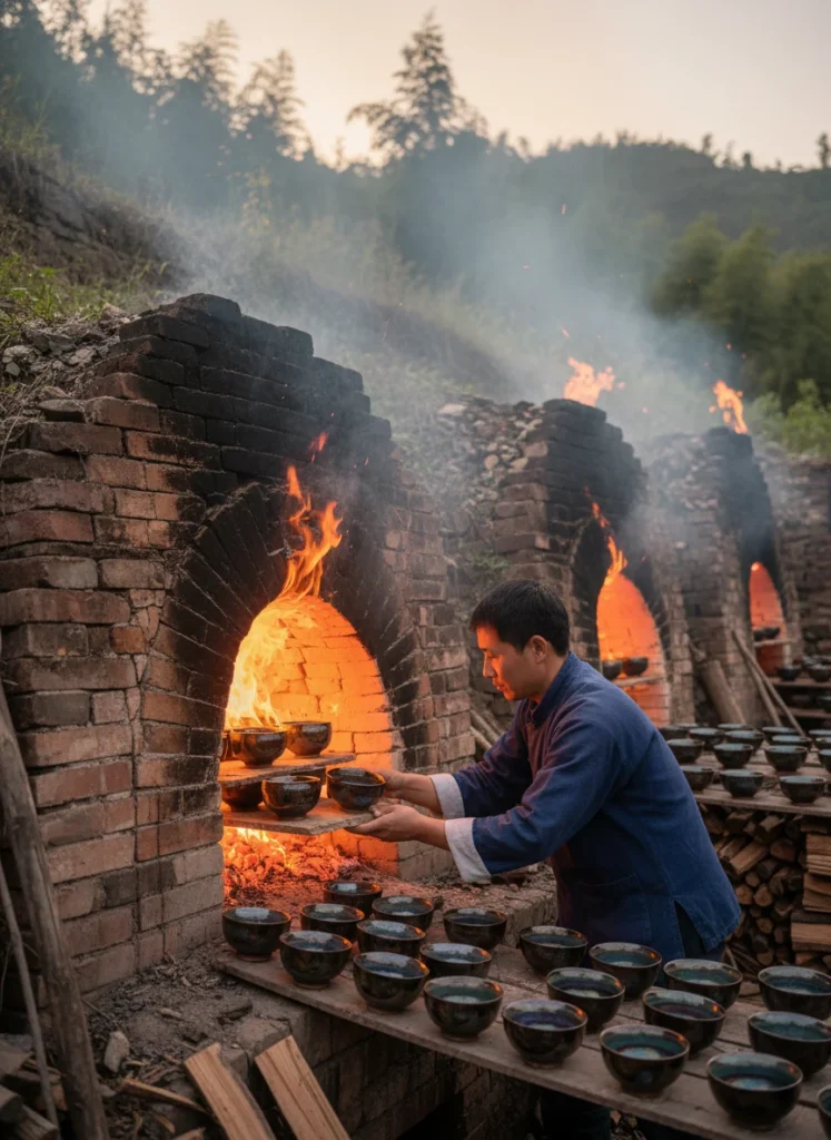 Traditional dragon kiln in Jianyang Fujian being loaded with Tenmoku glazed tea bowls for oil spot firing