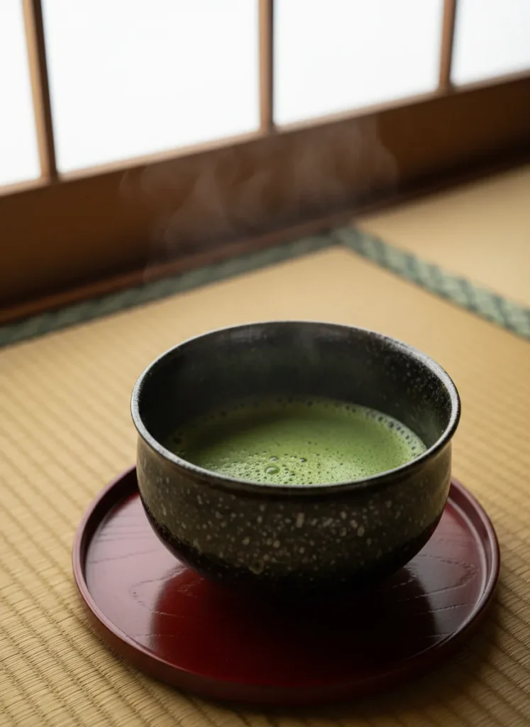 A dark iron-glazed tenmoku tea bowl (chawan) with oil-spot glaze pattern on a lacquer tray, filled with bright green matcha during a Japanese tea ceremony