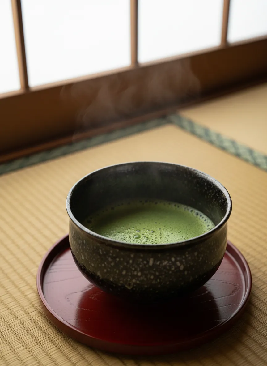 A dark iron-glazed tenmoku tea bowl (chawan) with oil-spot glaze pattern on a lacquer tray, filled with bright green matcha during a Japanese tea ceremony
