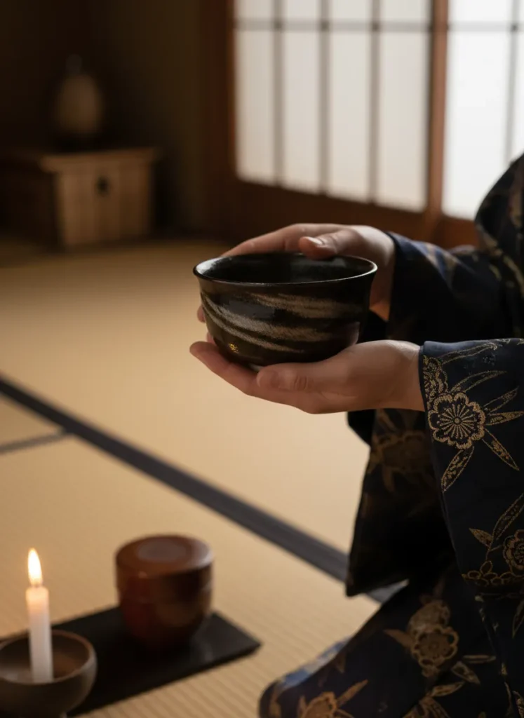 Hands in kimono sleeves holding a tenmoku tea bowl with both hands during a Japanese tea ceremony, demonstrating the proper two-handed grip technique