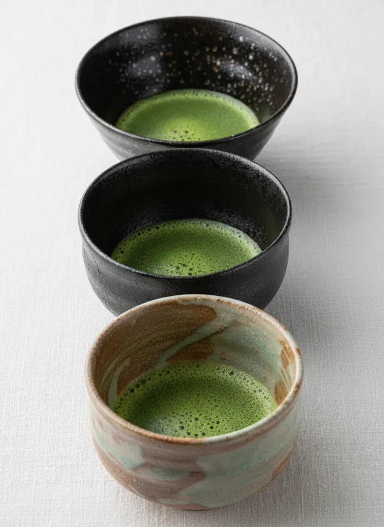 Comparison of three Japanese tea ceremony bowls: tenmoku chawan with oil-spot glaze, black raku chawan, and rustic karatsu chawan, each containing matcha