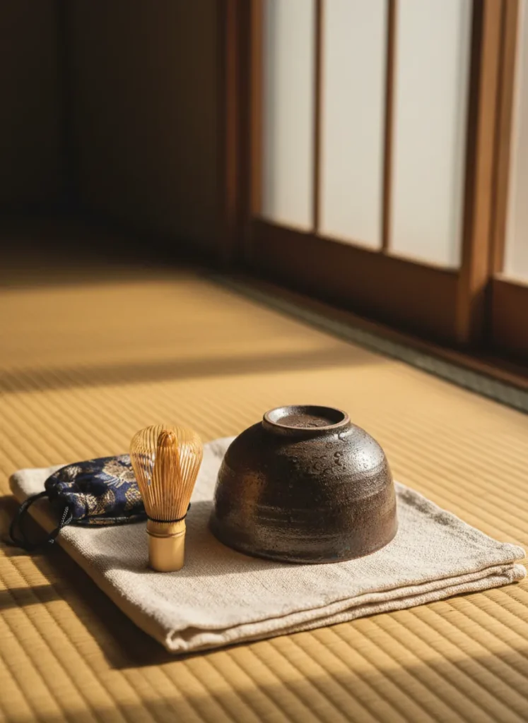 A tenmoku tea bowl air-drying upside down on a cotton cloth after a tea ceremony, with a bamboo whisk and silk storage bag nearby