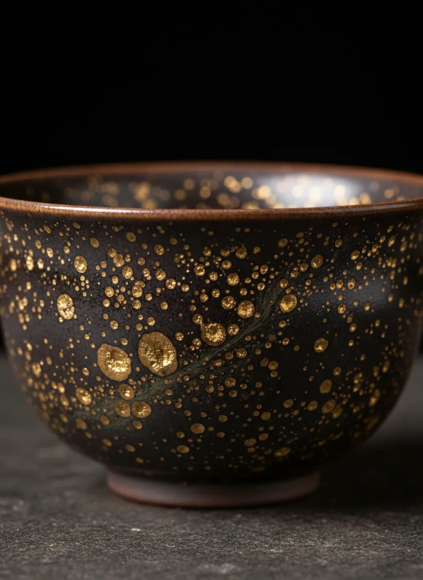 Authentic Jian Zhan tea cup showing natural oil spot glaze pattern with golden crystalline droplets on dark ceramic surface, demonstrating real Tenmoku kiln transformation