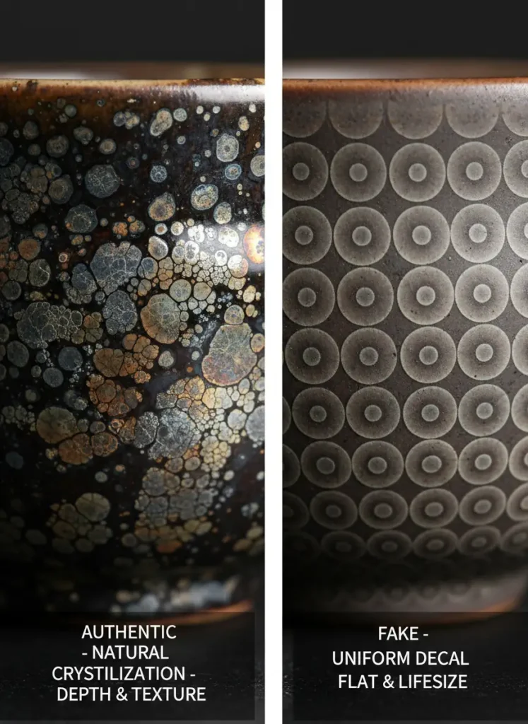 How to Identify Fake Jian Zhan: Red Flags to Watch Out For 3 Side-by-side comparison showing authentic Jian Zhan irregular oil spot crystallization with depth versus flat uniform decal pattern on a fake cup