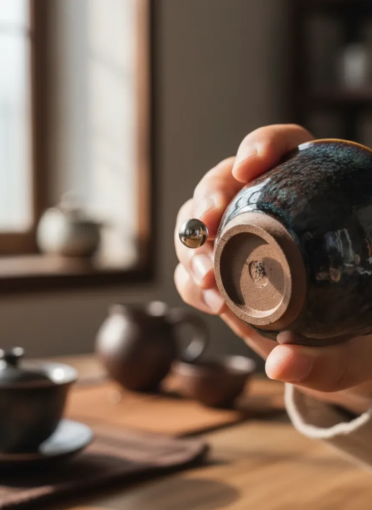 How to Identify Fake Jian Zhan: Red Flags to Watch Out For 5 Person performing magnet test on unglazed base of Jian Zhan tea cup to verify iron-rich clay content for authentication purposes