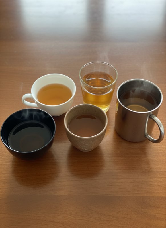 Five tea cups comparison test tenmoku porcelain glass clay steel