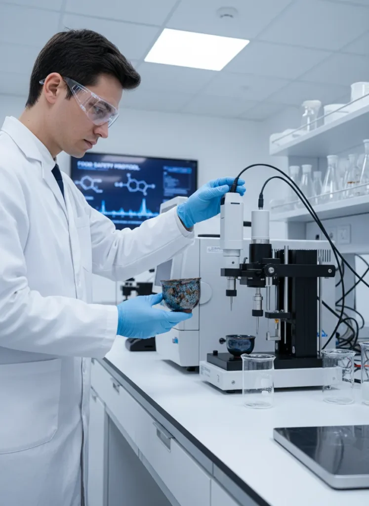 Jian Zhan tenmoku tea cup being tested for food safety in a modern laboratory with testing equipment