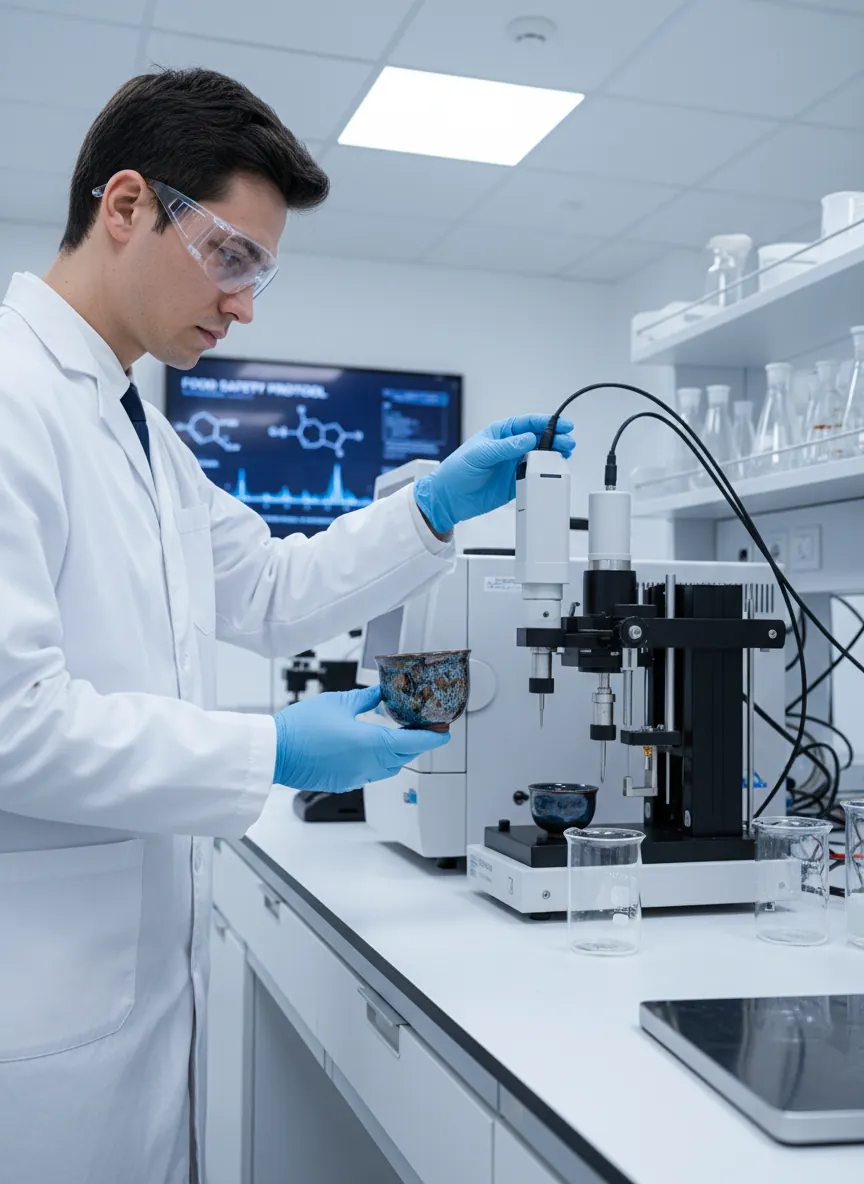 Jian Zhan tenmoku tea cup being tested for food safety in a modern laboratory with testing equipment