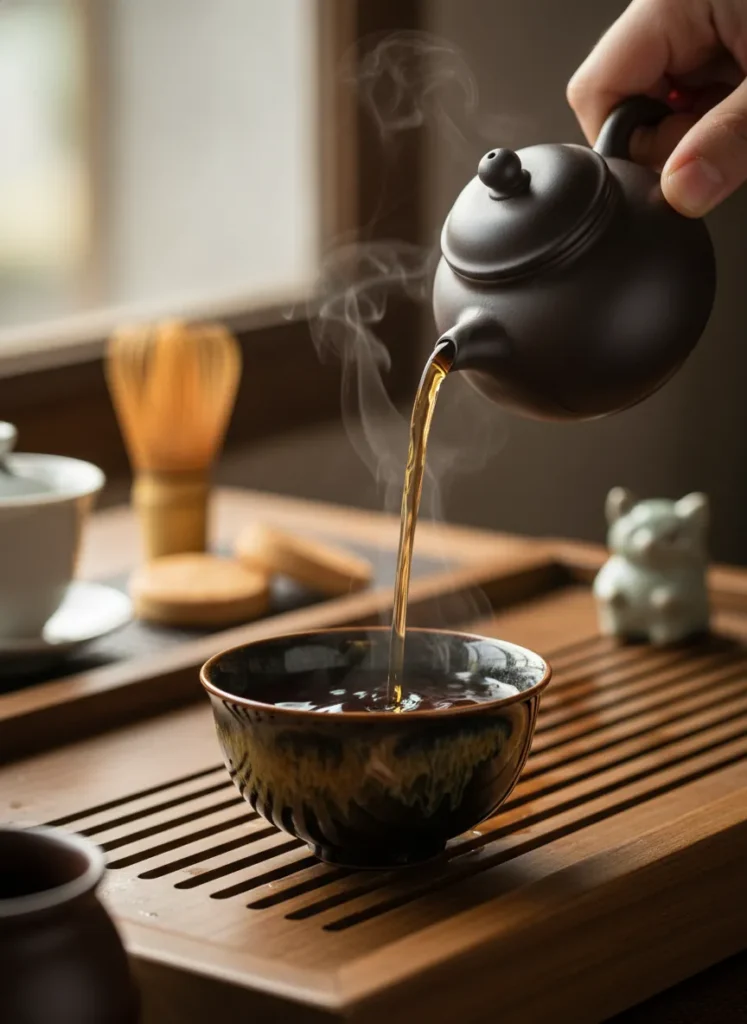 Hot tea being poured into a tenmoku Jian Zhan tea cup during gongfu tea ceremony showing heat retention and food-safe glaze