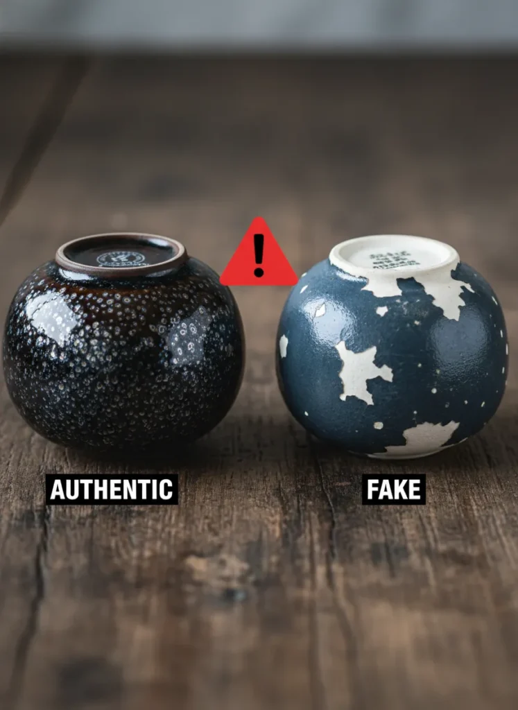 Two Jian Zhan tea cups side by side authentic with food-safe crystalline glaze versus cheap fake with surface paint peeling