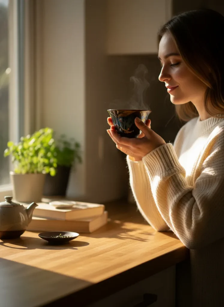 Person safely drinking tea from a tenmoku Jian Zhan cup at home showing safe daily use routine