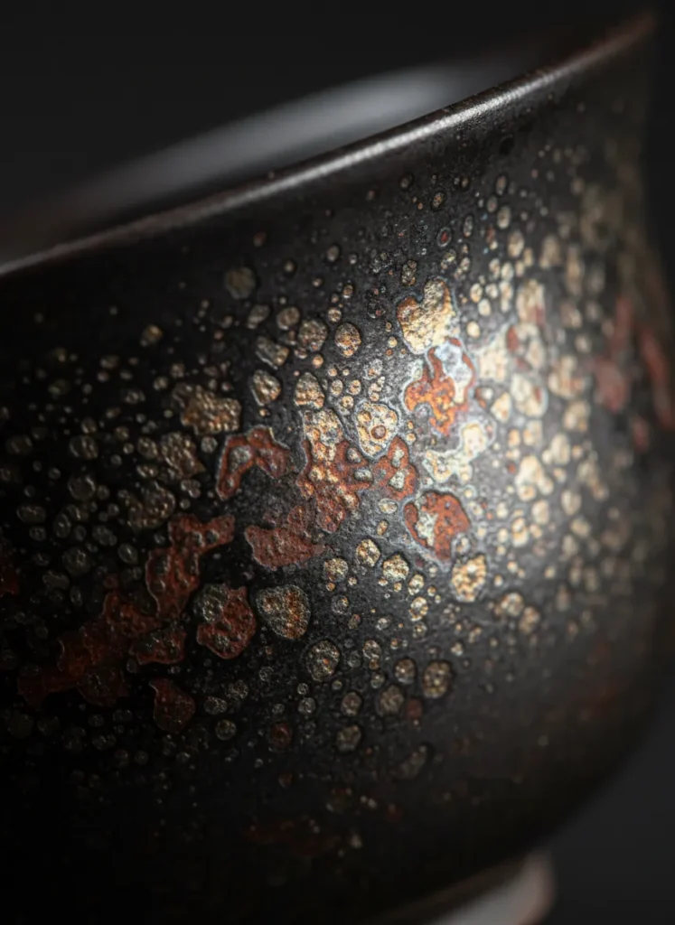 Close-up of a Jian Zhan tea cup showing reddish-brown iron oxidation marks on oil spot glaze crystals