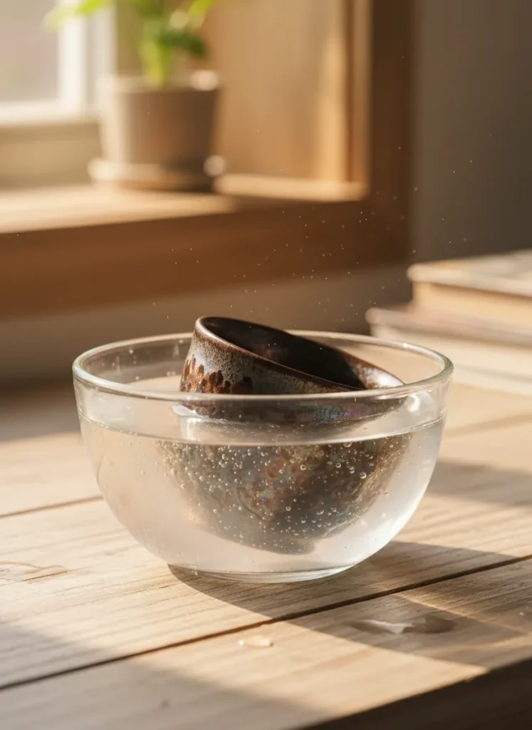 Jian Zhan tea cup soaking in white vinegar solution in a glass bowl for rust removal