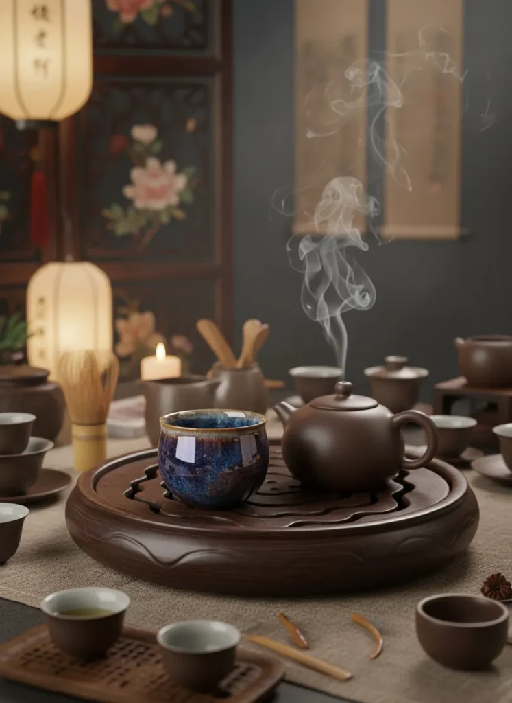 A well-seasoned Jian Zhan tea cup with smooth glossy patina on wooden tea tray with teapot and fresh tea