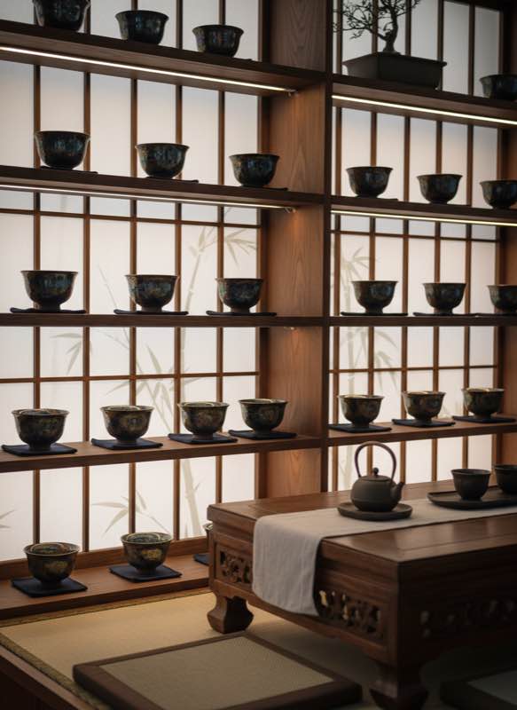 Jian Zhan collection on display shelf Jian Zhan tea cups displayed on wooden shelf with warm LED lighting