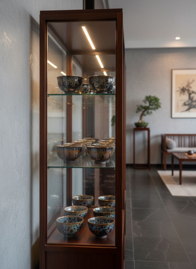 Tenmoku tea bowls in glass display cabinet Glass cabinet displaying Tenmoku tea bowls arranged by glaze type