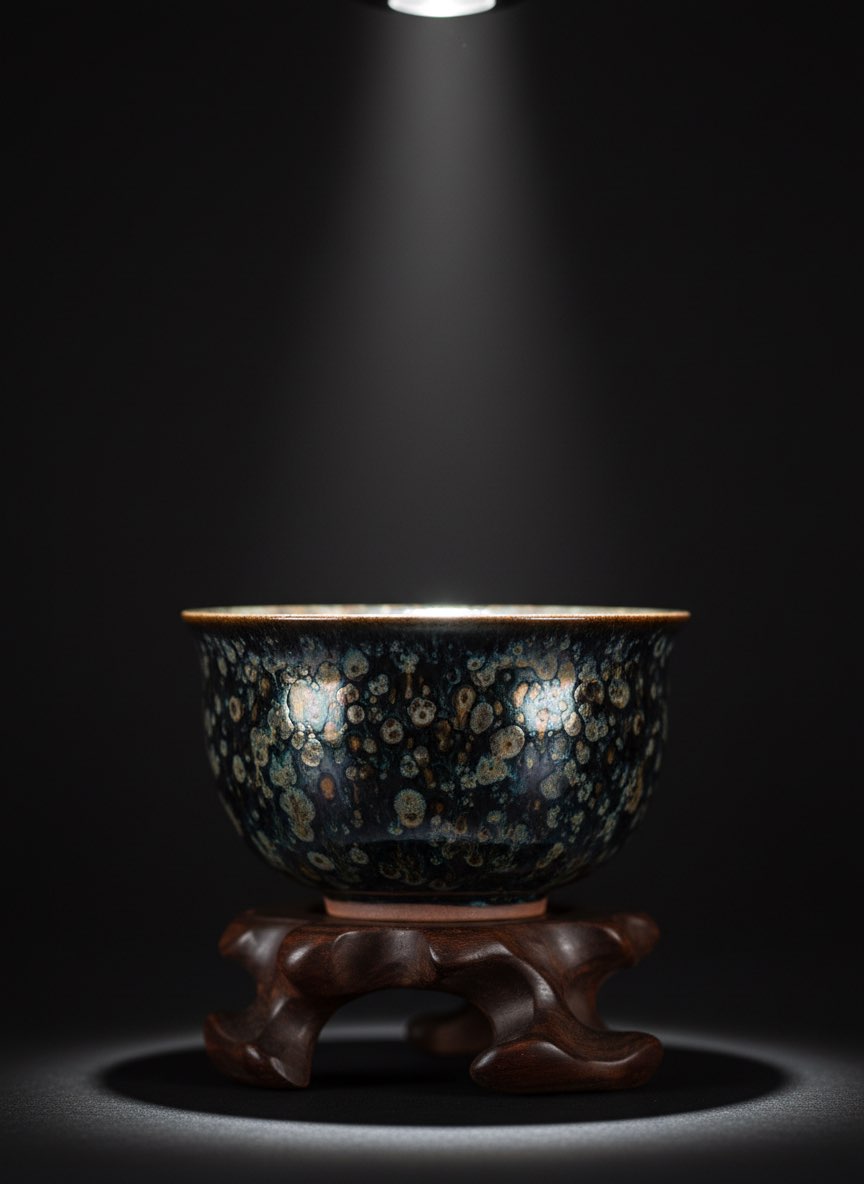 Jian Zhan oil spot cup on display stand Close-up of Jian Zhan cup on wooden stand showing oil spot pattern