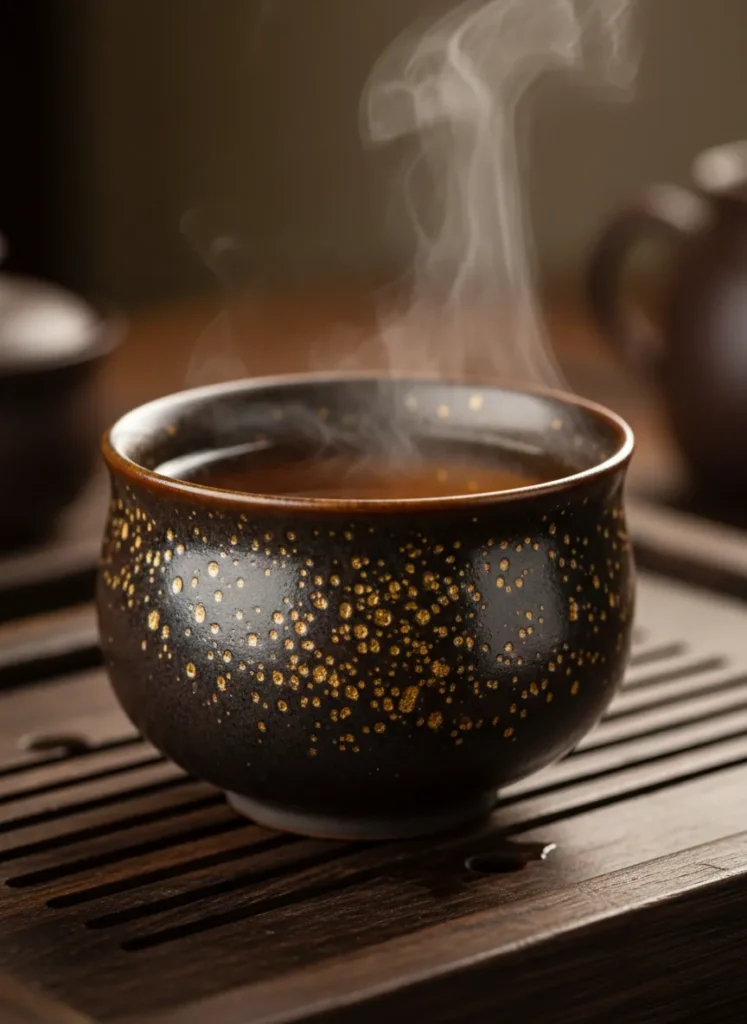 Does Jian Zhan Really Keep Tea Warmer Longer? 4 Handmade Jian Zhan tea cup with oil spot glaze pattern, filled with steaming hot amber tea showing excellent heat retention on a wooden tea tray