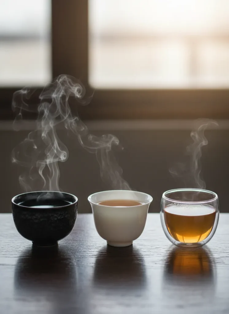 Does Jian Zhan Really Keep Tea Warmer Longer? 3 Side-by-side comparison of Jian Zhan, porcelain, and glass tea cups showing different steam levels that demonstrate the superior heat retention of thick-walled Jian Zhan stoneware