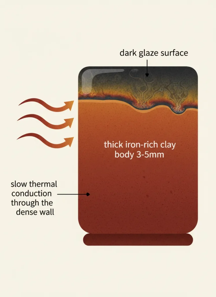 Does Jian Zhan Really Keep Tea Warmer Longer? 2 Scientific diagram showing cross-section of Jian Zhan tea cup wall with thick iron-rich clay body 3-5mm and heat flow arrows demonstrating slow thermal conduction through dense stoneware