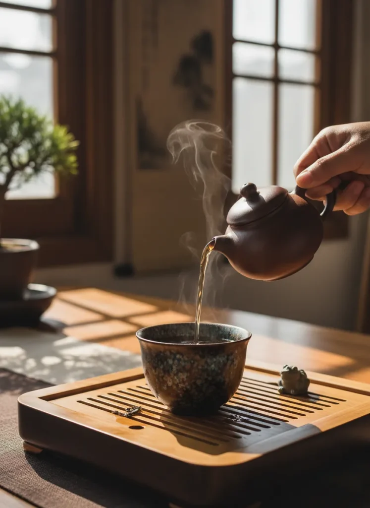 Does Jian Zhan Really Keep Tea Warmer Longer? 5 Peaceful gongfu tea session with a hare fur Jian Zhan cup on a bamboo tray, teapot pouring hot tea, demonstrating the heat retention benefit during extended tea drinking